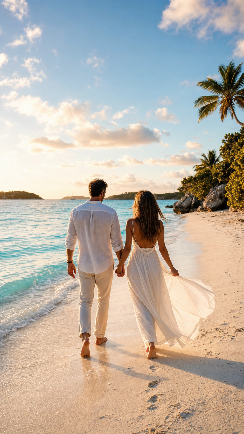 Casal em lua de mel caminhando à beira-mar nas Bahamas