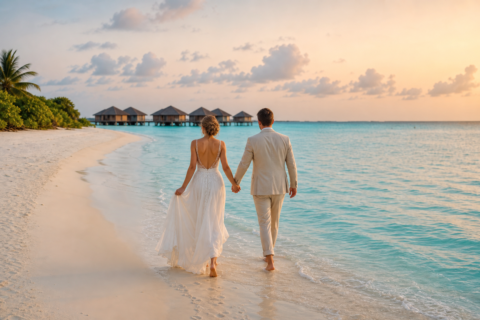 Casal em lua de mel caminhando em uma praia das Maldivas