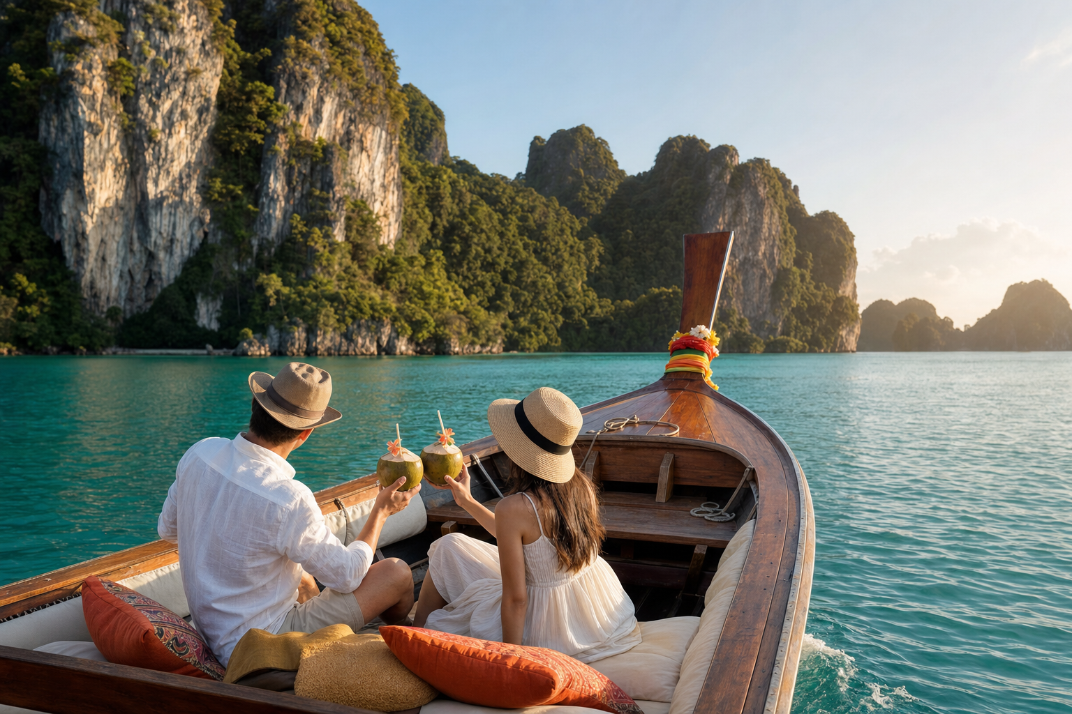 Casal brindando com cocos em um barco long-tail entre as ilhas de Krabi